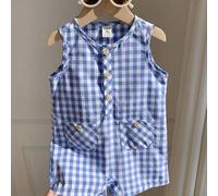 Shein 2 piezas Conjunto de pelele sin mangas a cuadros coloridos y pantalones cortos con sombrero de cubo para bebé niño/niña, conjunto de ropa casual de va