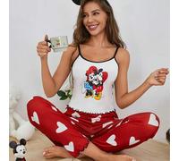 Shein 2 piezas Conjunto de pijama cómodo con parte superior de tirantes y pantalones, estampado de corazones de Mickey y Minnie, con certificación autorizad
