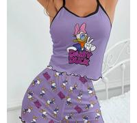 Shein 2 piezas Conjunto de pijama cómodo con top de tirantes y shorts con estampado de letra de Daisy Duck autorizado y certificado, impresión de dibujos an