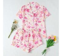 Shein 2 piezas Conjunto de pijama con estampado floral en rosa pastel y amarillo, top con cuello y abotonado dulce y lindo, y shorts con lazo, ropa de dormi