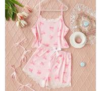 Shein 2 piezas Conjunto de pijama de camiseta y pantalones cortos con aplicación de encaje de mariposa para chicas adolescentes, elegante y cómodo, color ro