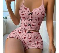 Shein 2 Piezas Conjunto de Pijama de Hello Kitty de Sanrio para Mujer, Shorts y Top, Conjunto de Lencería y Ropa de Estar en Casa para Mujer, Ropa de Verano