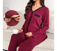 Shein 2 piezas Conjunto de pijama de maternidad de encaje y parche, top de manga larga y pantalones, conjunto de pijama burdeos de 2 piezas para ropa de oto