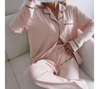 Shein 2 piezas Conjunto de pijama de mujer con cuello entallado y manga larga - Ropa de dormir y de estar en casa cómoda y casual