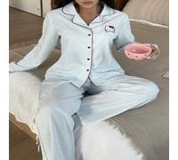 Shein 2 piezas Conjunto de pijama de mujer con estampado de cuadros, blusa de manga larga con botones delanteros y pantalón largo con cordón en la cintura,