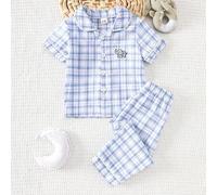 Shein 2 piezas Conjunto de pijama de pantalón corto y manga corta a cuadros azules Dozy Joy, con bordado de elefante de dibujos animados, tela cómoda, ropa