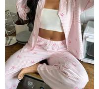 Shein 2 piezas Conjunto de pijama de pantalón largo y blusa de manga larga holgada, cómoda y transpirable, ropa de casa linda