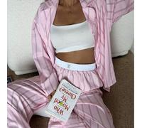 Shein 2 piezas Conjunto de pijama de pantalón y blusa de manga larga a rayas, holgado y cómodo, transpirable, adecuado para estar en casa, ropa de otoño e i