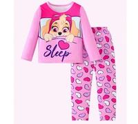 Shein 2 piezas Conjunto de pijama de Paw Patrol para niñas, camiseta de manga larga y pantalones con estampado de dibujos animados lindos, traje de ropa de