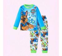 Shein 2 piezas Conjunto de pijama de Paw Patrol para niños, camiseta de cuello redondo de manga larga con estampado de perro de dibujos animados azul y verd