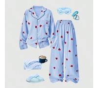 Shein 2 piezas Conjunto de pijama elegante, que incluye top y pantalones a rayas con corazón rosa, adecuado para que las niñas lo usen en primavera, otoño e