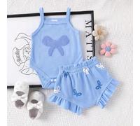 Shein 2 piezas Conjunto de ranaper con tirantes bordados y shorts para bebé niña, ligero para verano