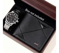 Shein 2 piezas Conjunto de reloj de lujo de negocios para hombres, reloj de cuarzo de acero inoxidable con función múltiple y esfera negra, con cartera de c