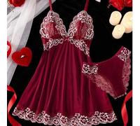 Shein 2 piezas Conjunto de ropa de dormir con encaje floral en contraste, camisón semitransparente con cuello en V y lazo, y pantis, pijama elegante para mu