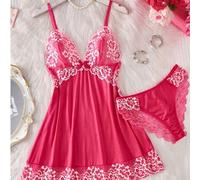 Shein 2 piezas Conjunto de ropa de dormir con encaje floral en contraste, camisón semitransparente con cuello en V y lazo, pijama elegante para mujer