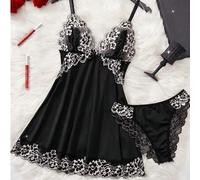 Shein 2 piezas Conjunto de ropa de dormir con encaje floral en contraste, camisón semitransparente con cuello en V y lazo, pijama elegante para mujer