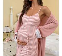 Shein 2 piezas Conjunto de ropa de dormir de maternidad: Vestido camisero casual con estampado de rayas y bata de manga larga con adorno de encaje floral, r
