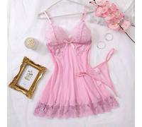 Shein 2 piezas Conjunto de ropa de dormir sexy para mujer de unicolor con encaje en contraste, vestido camiseta escotado en V y espalda descubierta, tanga,