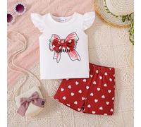 Shein 2 piezas Conjunto de ropa para bebé niña, blusa sin mangas con moño blanco y shorts rojos con corazón, para /verano
