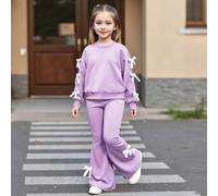 Shein 2 piezas Conjunto de sudadera casual y pantalones acampanados para niñas, con decoración de lazo, top de cuello redondo de manga larga y pantalones ac