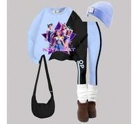 Shein 2 piezas Conjunto de sudadera de cuello redondo de manga larga con gráfico de personaje K-Pop y leggings de punto para niñas, atuendo cómodo de uso di