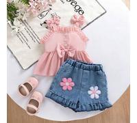 Shein 2 piezas Conjunto de top con tirantes de moño lindo y shorts con decoración floral para niña, conjunto de moda para uso diario, al aire libre, transpo