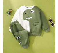 Shein 2 piezas Conjunto de Top de manga larga y pantalones con estampado de dinosaurio de dibujos animados para niño joven, primavera/agosto