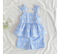 Shein 2 piezas Conjunto de top de tirantes y shorts a rayas con decoración de lazo para bebé niña/recién nacida de 0 a 3 años, casual y de uso diario, para