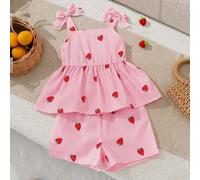 Shein 2 piezas Conjunto de top de tirantes y shorts a rayas con decoración de moño para bebé niña/recién nacida de 0-3 años, conjunto de ropa de verano casu