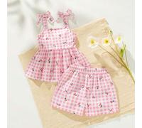 Shein 2 piezas Conjunto de top de tirantes y shorts a rayas con lazo decorativo para bebé niña/recién nacida de 0 a 3 años, casual y de uso diario, para pri