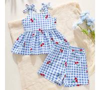 Shein 2 piezas Conjunto de top de tirantes y shorts a rayas con lazo decorativo para bebé niña/recién nacida de 0 a 3 años, casual y de uso diario, para pri