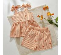 Shein 2 piezas Conjunto de top de tirantes y shorts a rayas con lazo decorativo para niña bebé/recién nacida de 0 a 3 años, casual diario para primavera/ver