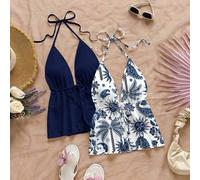 Shein 2 piezas Conjunto de top halter sin espalda casual de mujer con estampado de girasol y árbol de coco, adecuado para verano, playa, elegante, viaje, a