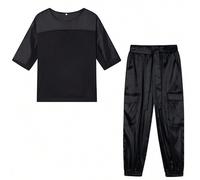 Shein 2 piezas Conjunto de top sin mangas y pantalones de satén liso, moda 2024, estilo casual de cruce de frontera UE/EE. UU. Negro verano