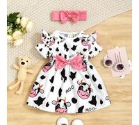 Shein 2 Piezas Conjunto De Vestido De Manga Corta Con Patrón De Vaca Y Diadema Con Lazo Para Niña Bebé, Atuendos De Verano