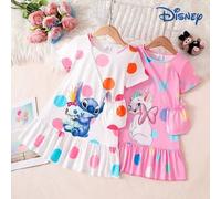 Shein 2 piezas Conjunto de vestido de verano para niñas con bolso, diseño de Marie gato de Disney y Stitch, tela elástica, adecuado para uso diario de niñas