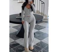 Shein 2 piezas Conjunto informal de camiseta de manga larga de cuello en V de un solo color y pantalones con lazo en la cintura para mujeres en primavera y