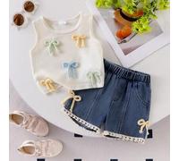 Shein 2 piezas Conjunto informal de estilo bohemio para niña, blusa sin mangas de punto waffle con lazo 3D colorido y shorts vaqueros con flecos y lazo