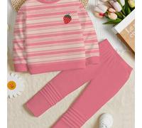 Shein 2 piezas Conjunto informal de niña preadolescente de sudadera con estampado de fresa de rayas rosa crema y mini logo, y leggings, color dopamina, cuel