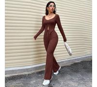 Shein 2 piezas Conjunto informal de pantalón ancho y blusa de manga larga con bajo dividido de un solo color, para primavera y otoño