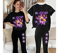 Shein 2 piezas Conjunto informal para niñas, Camiseta oversize con eslogan neón "K-POP" y estampado de grupo de chicas, Pantalones acampanados a la cintura