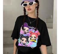 Shein 2 piezas Conjunto informal para niñas, Camiseta oversize con gráfico de grupo de chicas K-POP Chibi, Conjunto de shorts ciclistas a juego "K-POP GIRL"