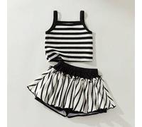 Shein 2 piezas Conjunto informal y elegante de camiseta suelta a rayas y shorts para niñas jóvenes, adecuado para uso diario, vuelta al colegio, salidas, re
