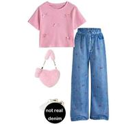 Shein 2 piezas Conjuntos casuales para niñas - Blusa de manga corta con decoración de moño en unicolor y pantalones con estampado de moño y falso denim, par