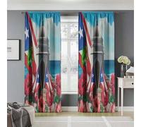 Shein 2 piezas Cortina oceánica azul triángulo rojo y blanco rayas bandera de Puerto Rico cortinas de rana barra dormitorio baño lavandería decoración