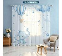Shein 2 piezas Cortinas de tul con elefante azul adorable, impresión plana 2D, con un elefante azul, globo aerostático, estrellas y nubes adornando la tela