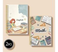 Shein 2 piezas Cuadernos de asignatura con espiral A5 para estudiantes, portadas con diseño dual de temas de inglés y matemáticas, ilustraciones de escena d