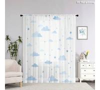 Shein 2 piezas de cortinas de tul con estampado plano 2D, con patrones soñadores de nubes y estrellas de color azul claro, semi-transparentes y caprichosos,