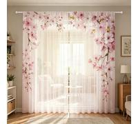 Shein 2 piezas de cortinas transparentes con patrón romántico de flores de cerezo, con un diseño de flores de sakura rosa y estampado plano 2D, adecuado par