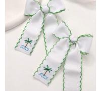Shein 2 piezas de pinzas para el cabello blancas para adolescentes, pinzas con lazo bordado de árbol de coco, borde ondulado verde, pinzas de cocodrilo, laz